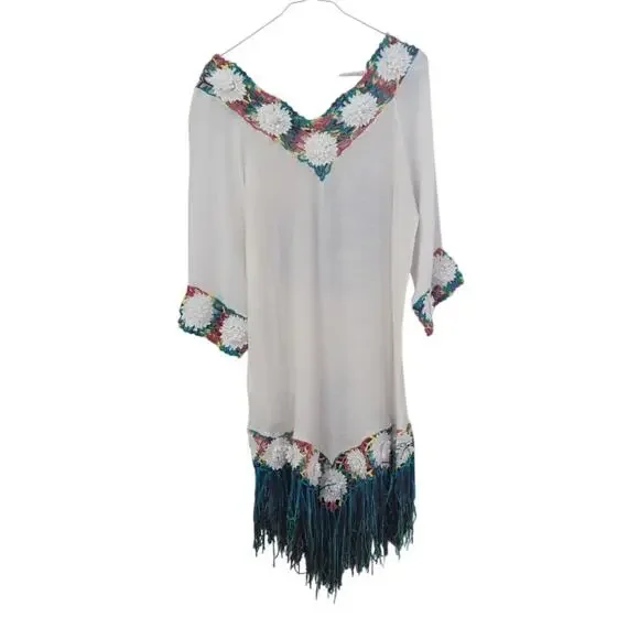 Hand-Crocheted Bikini Cover-Up – White with Rainbow Jamaican Yarn (Size Small) - Picture 3 of 4